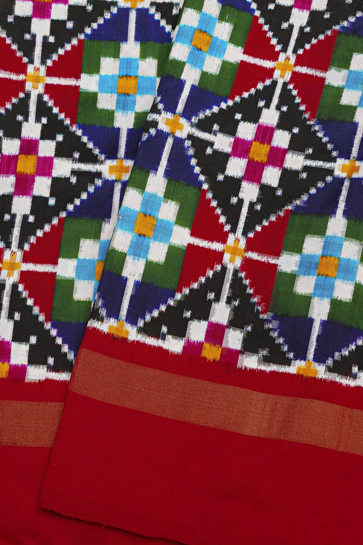 Ikat Silk Multi-Colour Saree With Geometric Diamond Motifs
