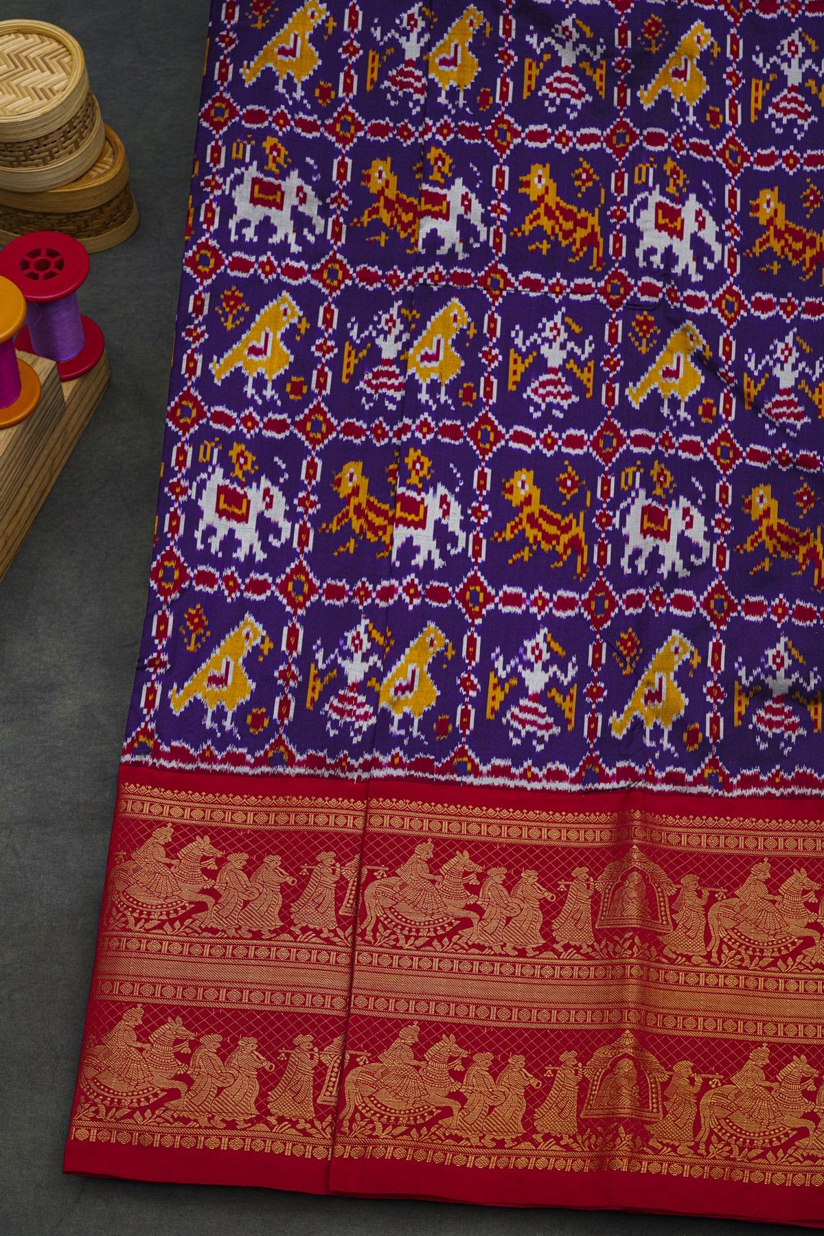 Ikat Silk Purple Saree With Royal Procession Scenes Border