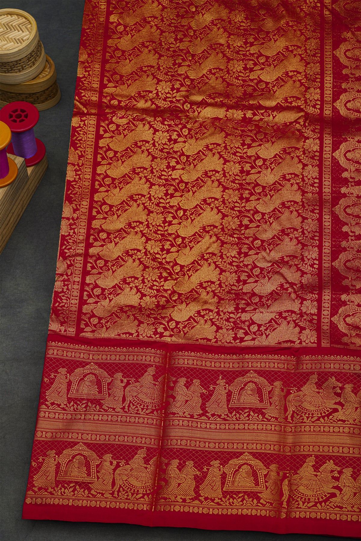 Ikat Silk Purple Saree With Royal Procession Scenes Border