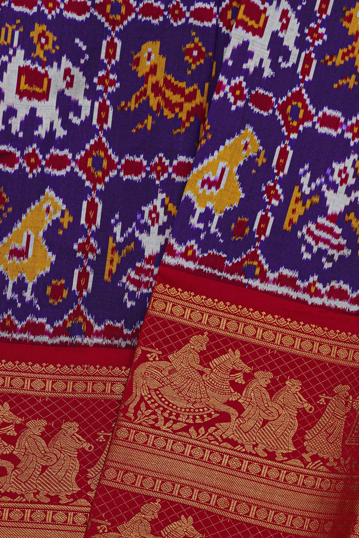 Ikat Silk Purple Saree With Royal Procession Scenes Border