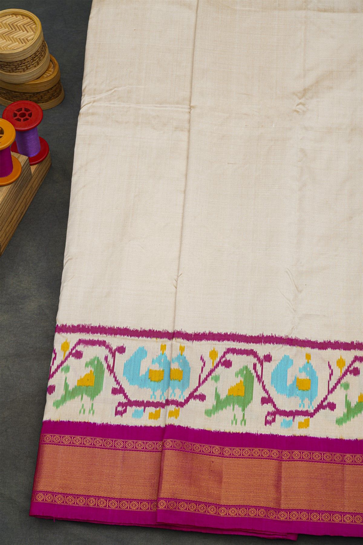 Pochampally Ikat Silk Off White Saree With Floral And Birds Border