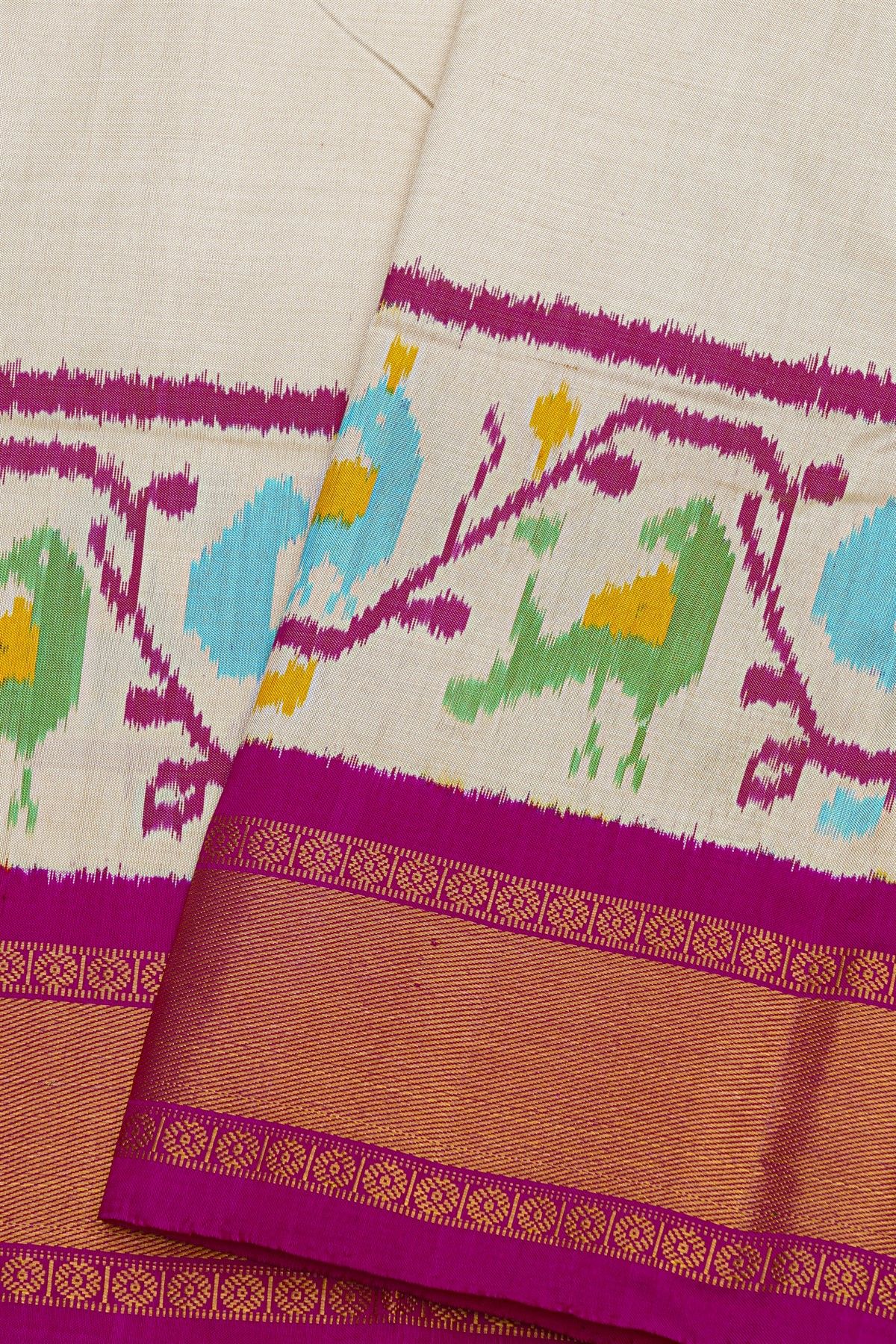 Pochampally Ikat Silk Off White Saree With Floral And Birds Border