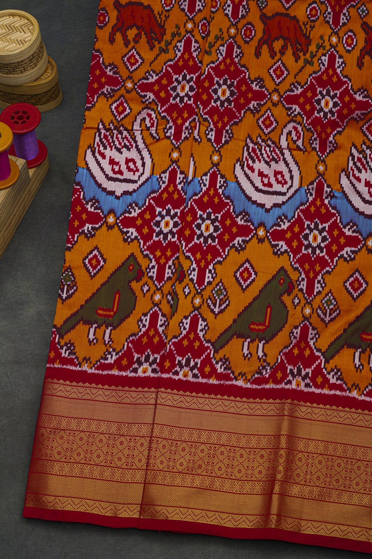 Pochampally Ikat Silk Red Saree With Floral And Bird Body