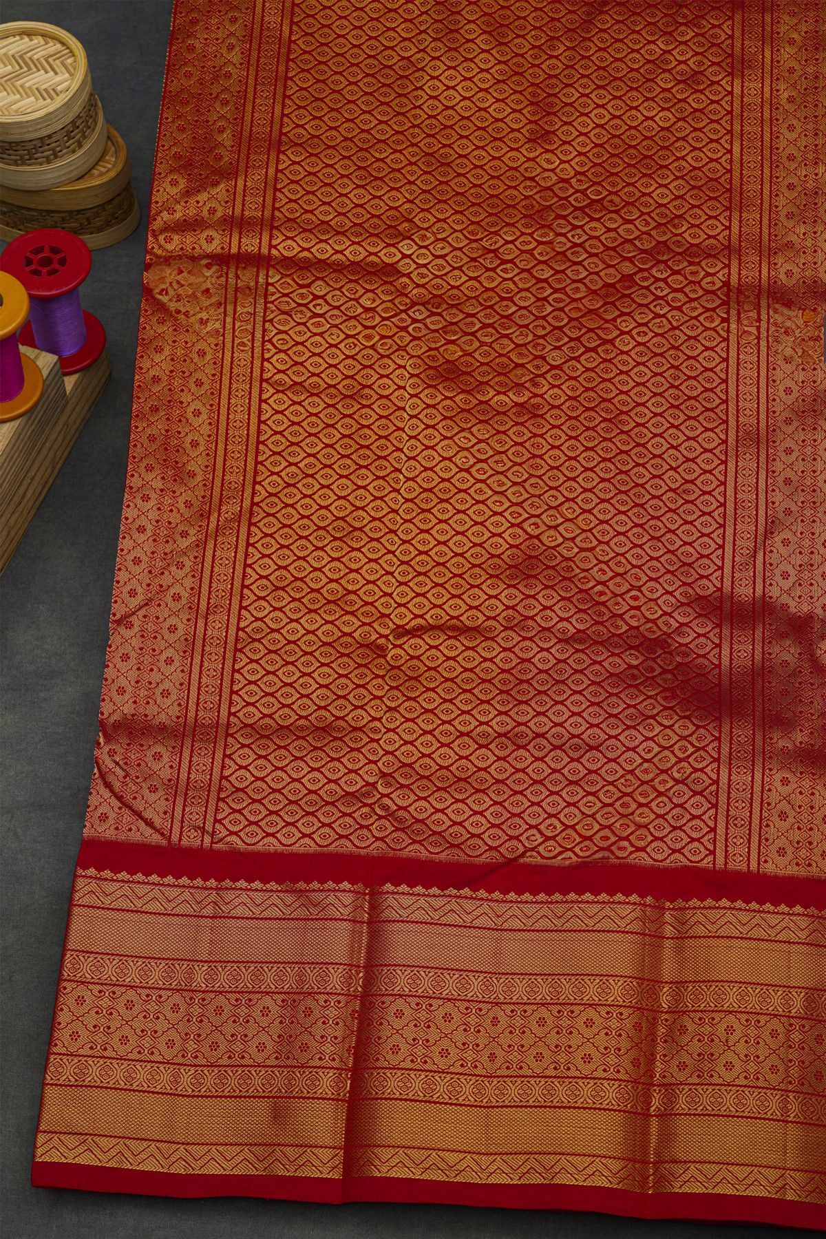 Pochampally Ikat Silk Red Saree With Floral And Bird Body