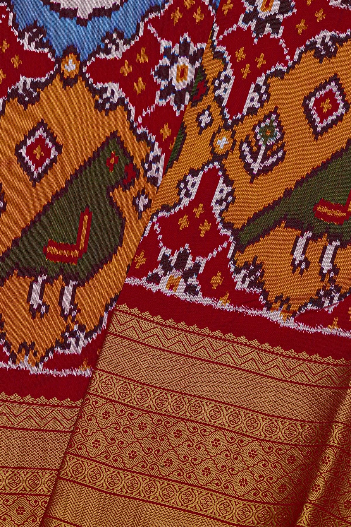 Pochampally Ikat Silk Red Saree With Floral And Bird Body