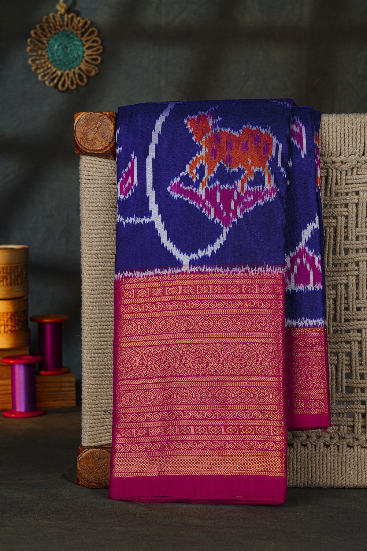 Pochampally Ikat Silk Royal Blue Saree With Floral And Mango Paisley Border