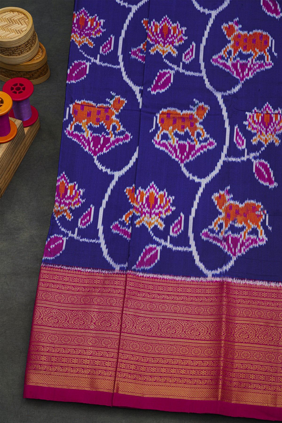 Pochampally Ikat Silk Royal Blue Saree With Floral And Mango Paisley Border