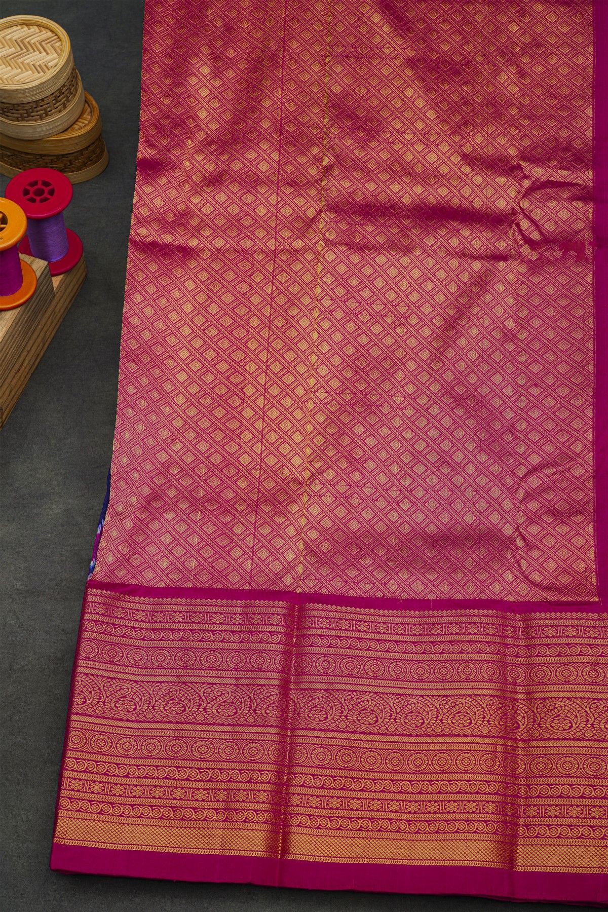 Pochampally Ikat Silk Royal Blue Saree With Floral And Mango Paisley Border