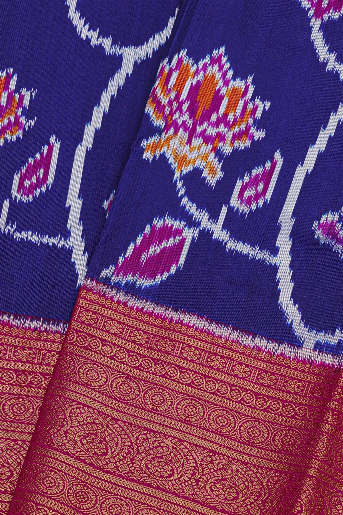 Pochampally Ikat Silk Royal Blue Saree With Floral And Mango Paisley Border
