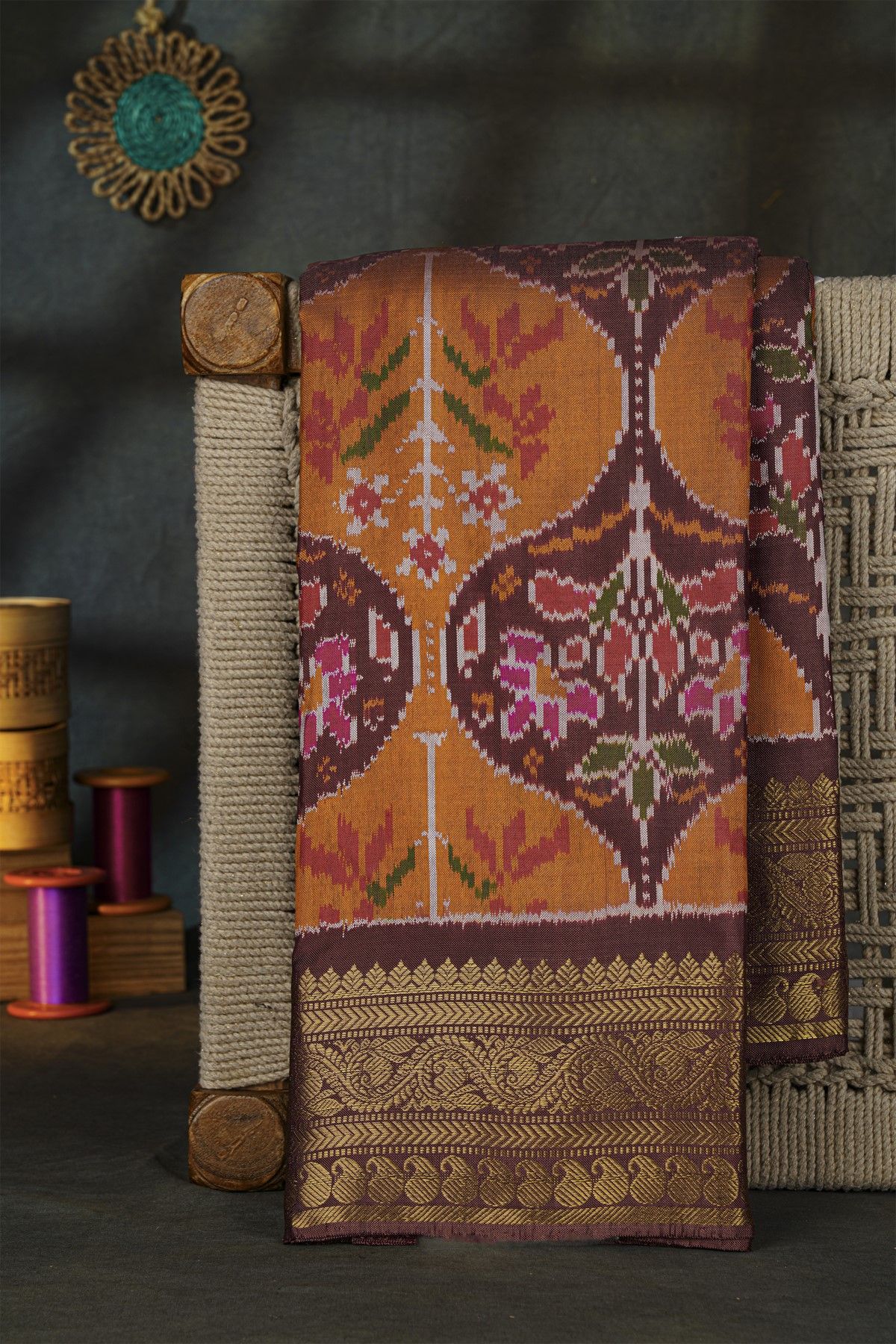 Pochampally Ikat Silk Mustard Saree With Floral And Leaf Jaal Border