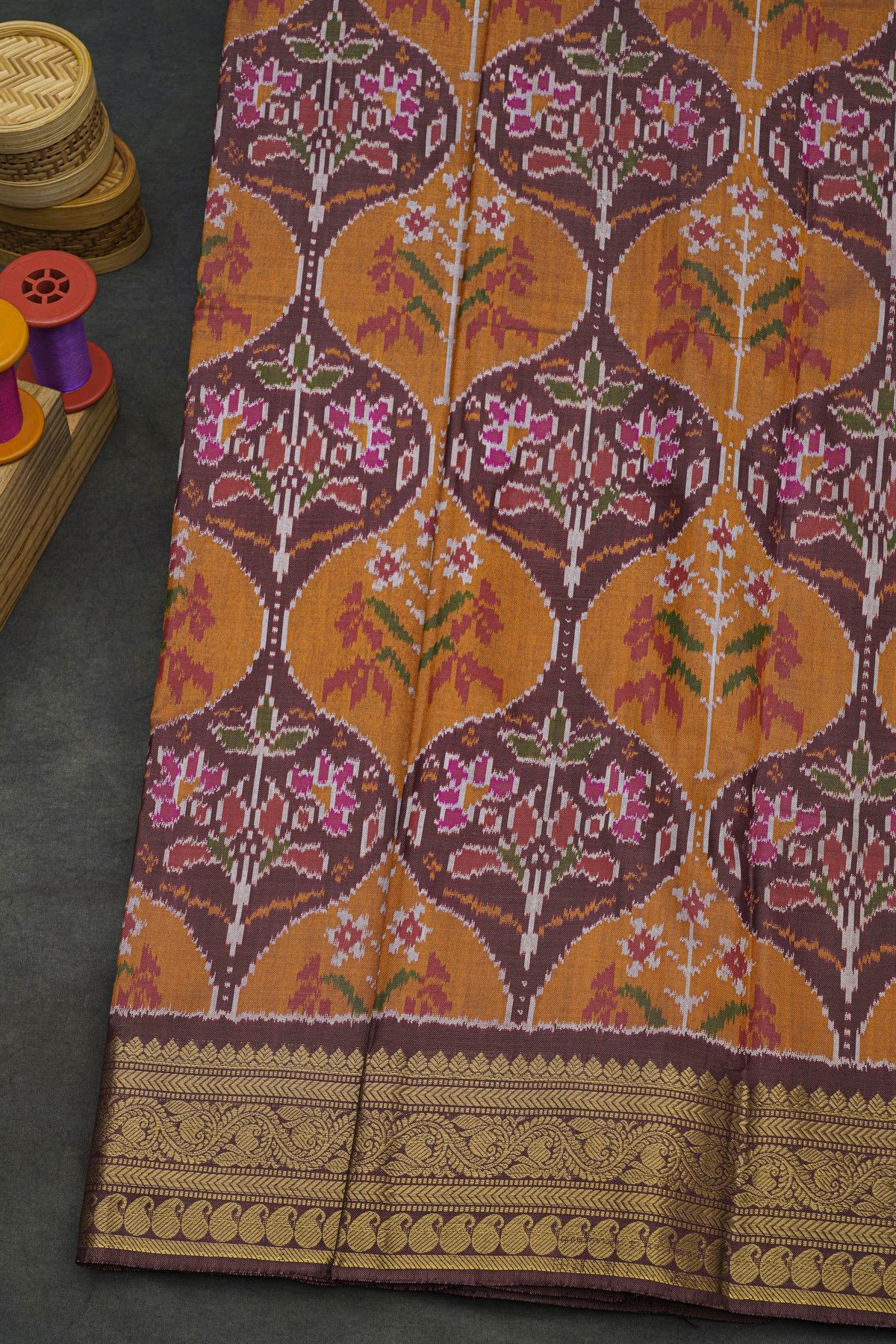 Pochampally Ikat Silk Mustard Saree With Floral And Leaf Jaal Border