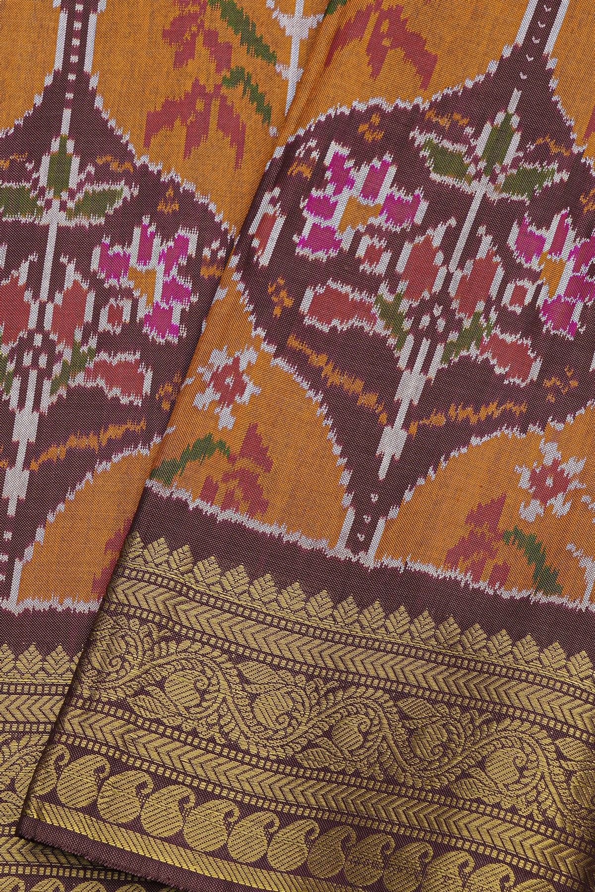 Pochampally Ikat Silk Mustard Saree With Floral And Leaf Jaal Border