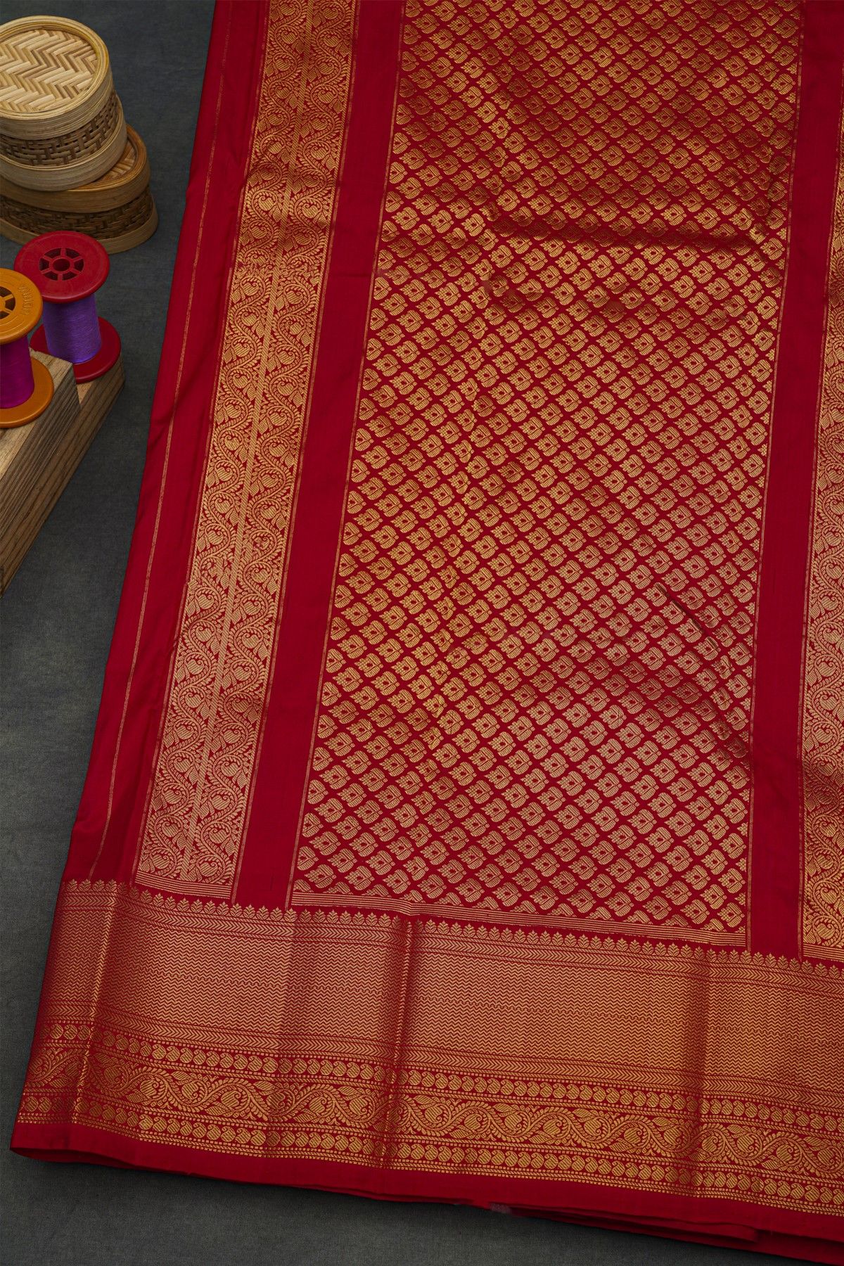 Pochampally Ikat Silk Maroon Saree With Florals And Cows Body