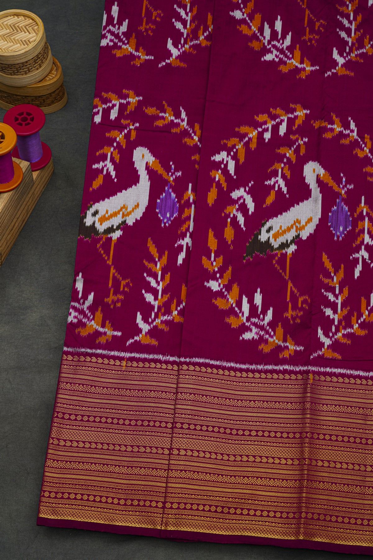 Pochampally Ikat Silk Magenta Saree With Floral And Birds Body