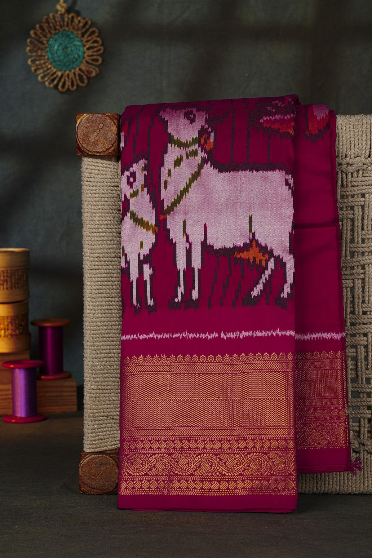 Pochampally Ikat Silk Deep Magenta Saree With Florals And Cow Body