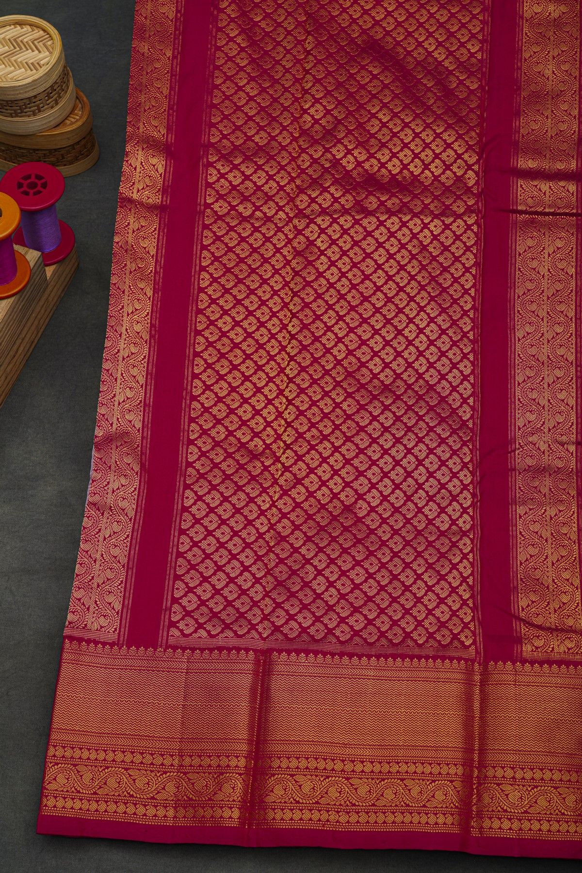 Pochampally Ikat Silk Deep Magenta Saree With Florals And Cow Body