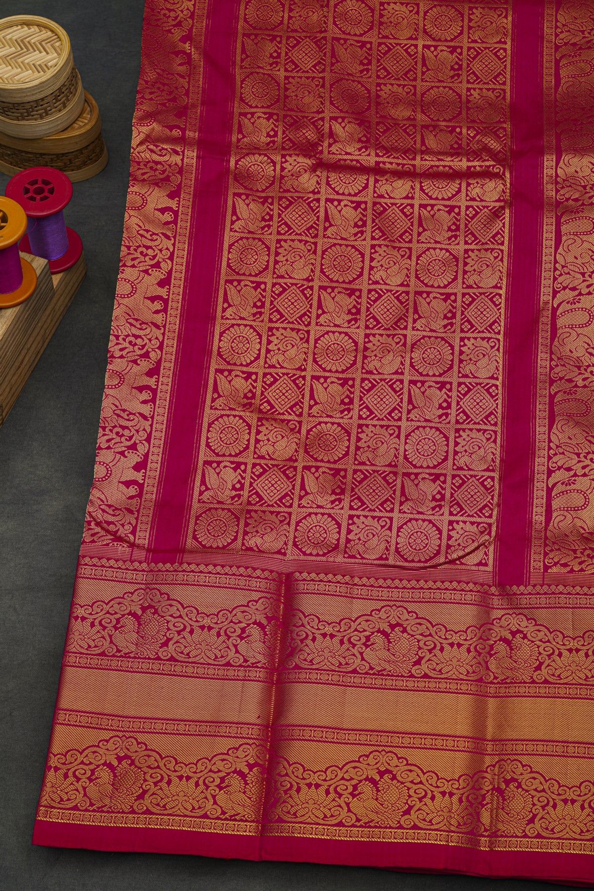 Pochampally Ikat Silk Rani Pink Saree With Floral And Peacock Border