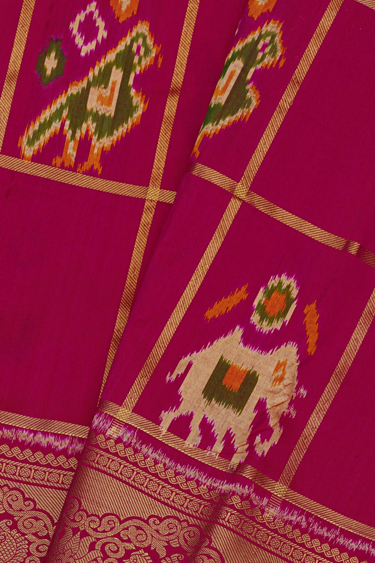 Pochampally Ikat Silk Rani Pink Saree With Floral And Peacock Border