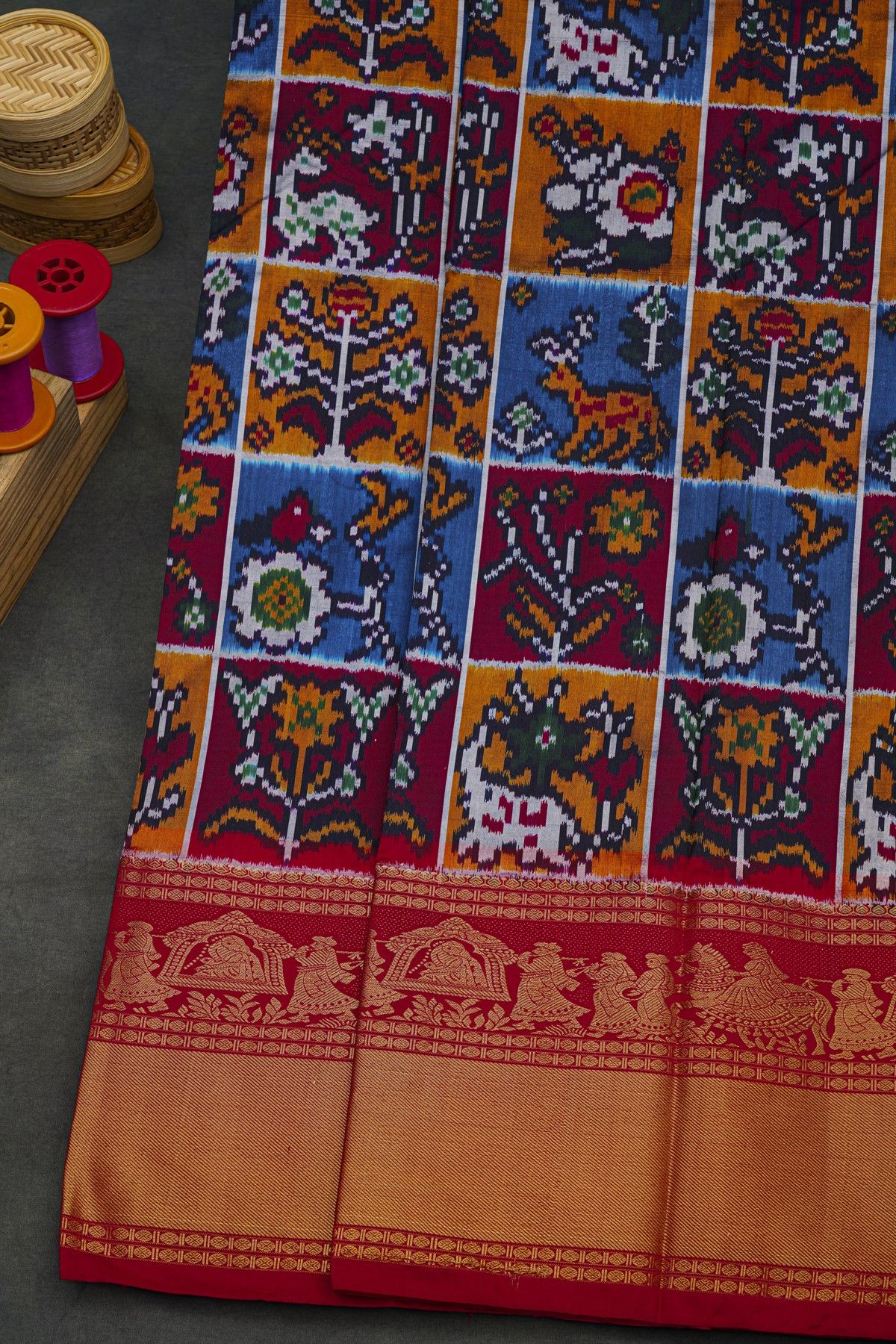 Pochampally Ikat Silk Multi-Colour Saree With Zari Pallaki Border