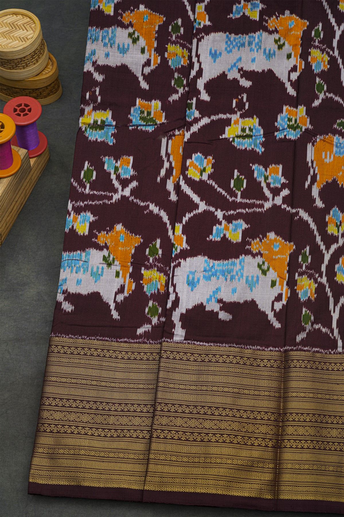 Ikkat Silk Dark Wine Saree With Floral And Leaf Jaal Border