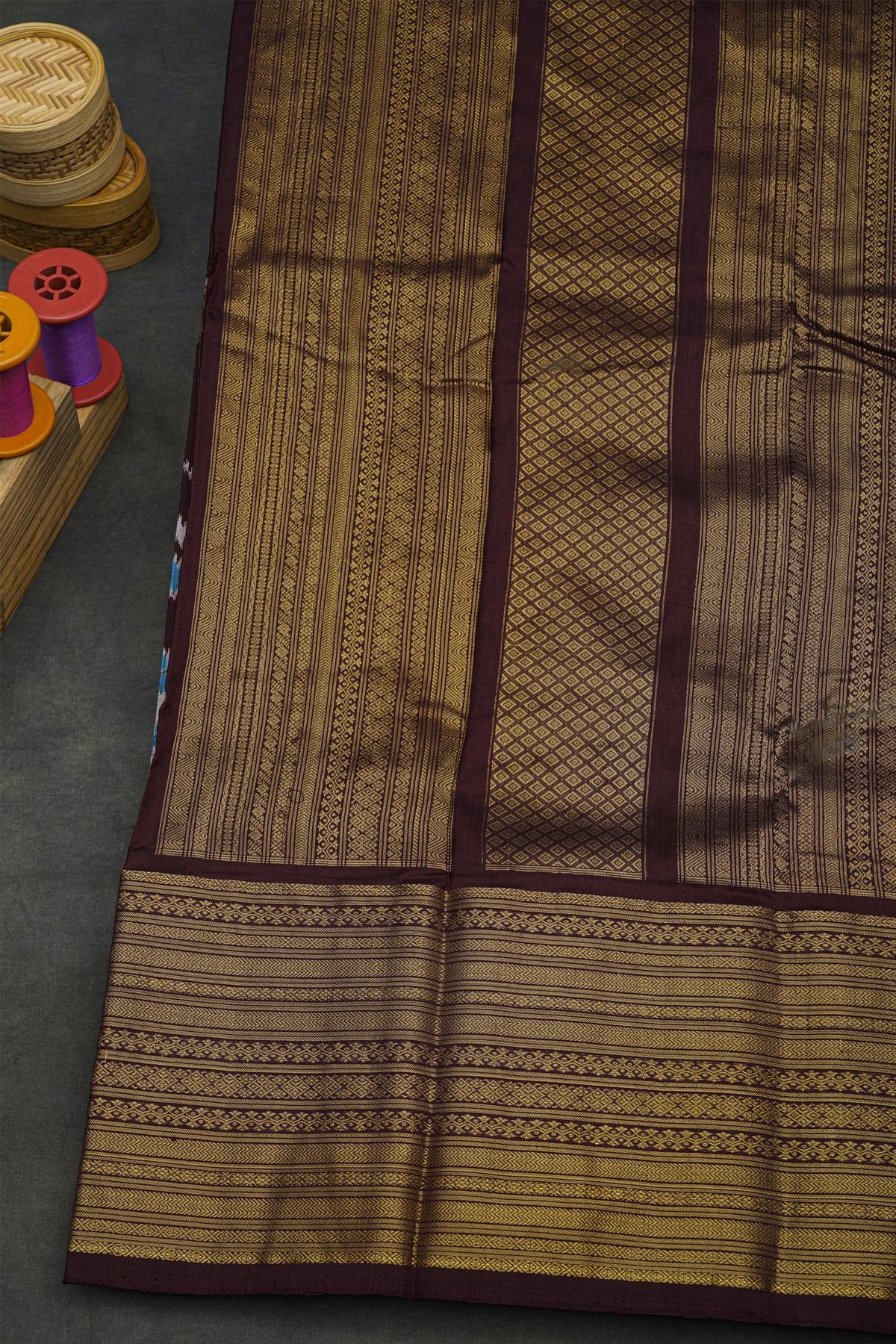 Ikkat Silk Dark Wine Saree With Floral And Leaf Jaal Border