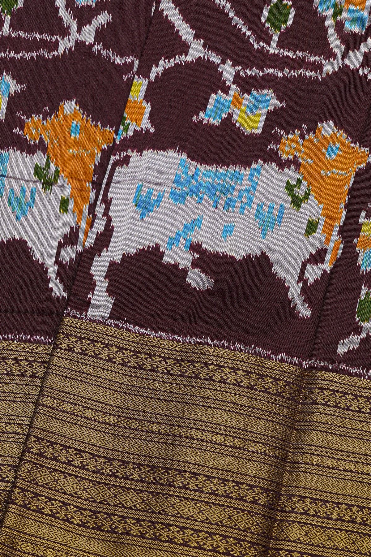 Ikkat Silk Dark Wine Saree With Floral And Leaf Jaal Border