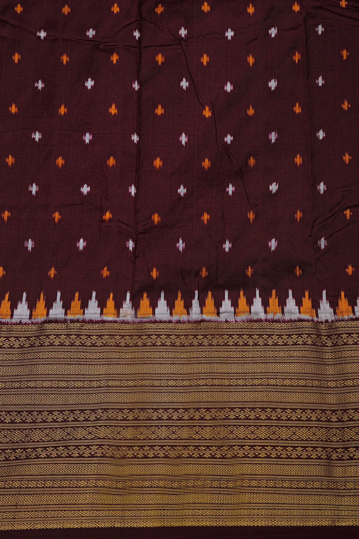 Ikkat Silk Dark Wine Saree With Floral And Leaf Jaal Border