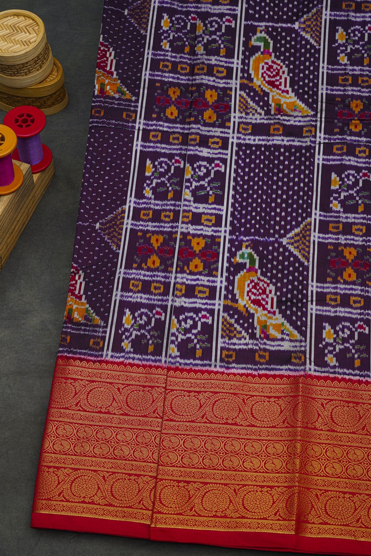 Ikkat Silk Purple Saree With Peacock Floral Leaf Jaal Border