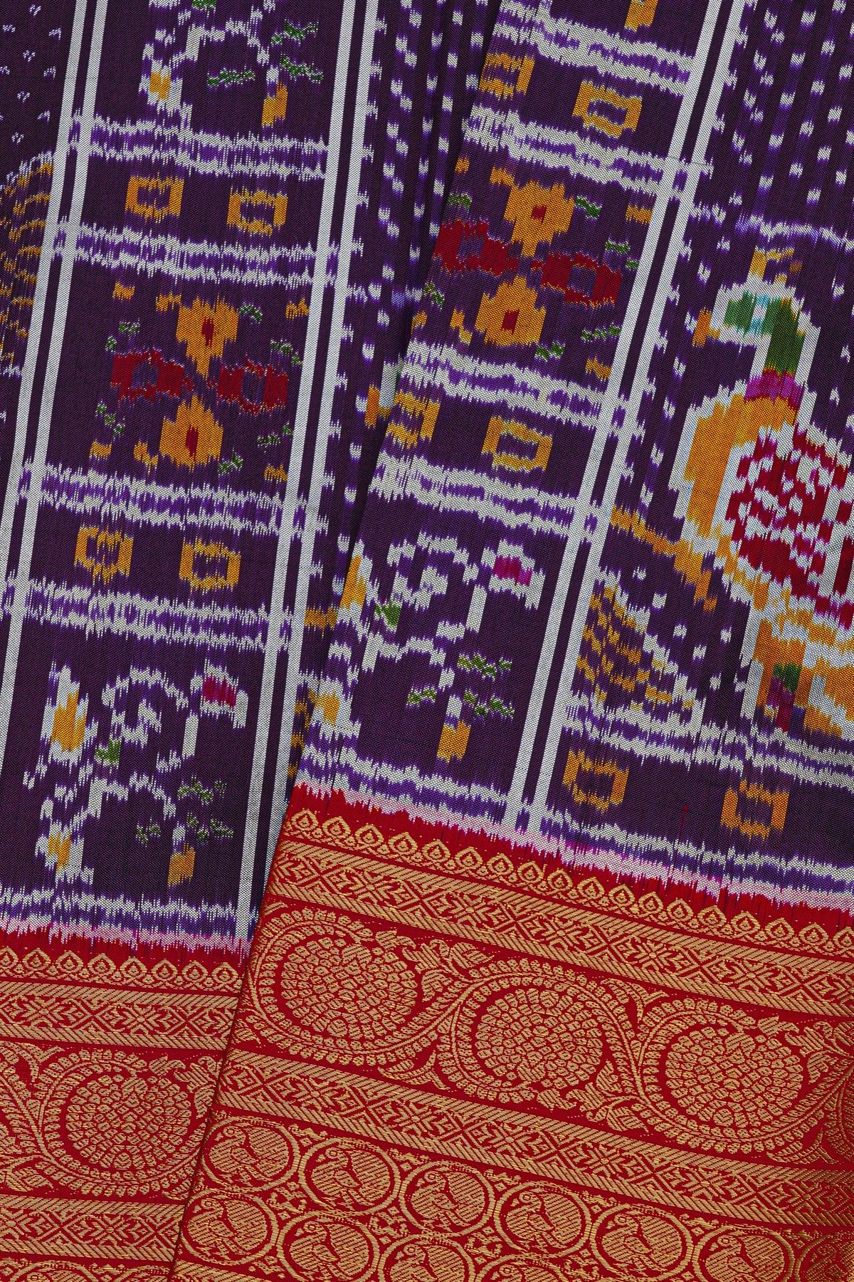 Ikkat Silk Purple Saree With Peacock Floral Leaf Jaal Border
