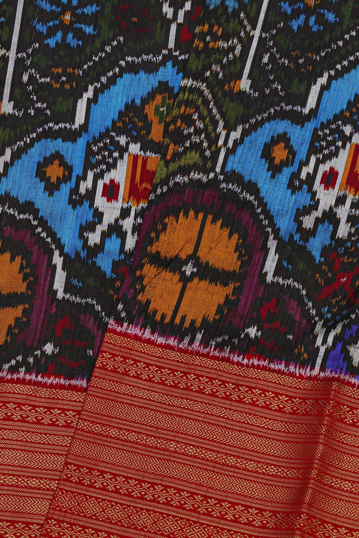 Ikkat Silk Multi-Colour Saree With Floral Leaf Zig-Zag Border