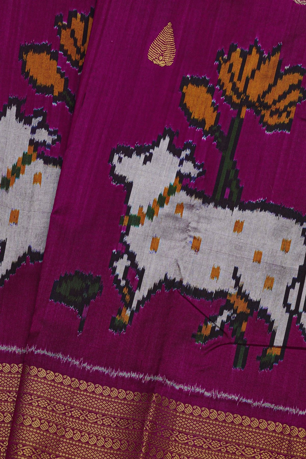 Ikkat Silk Magenta Saree With Floral And Leaf Jaal Border