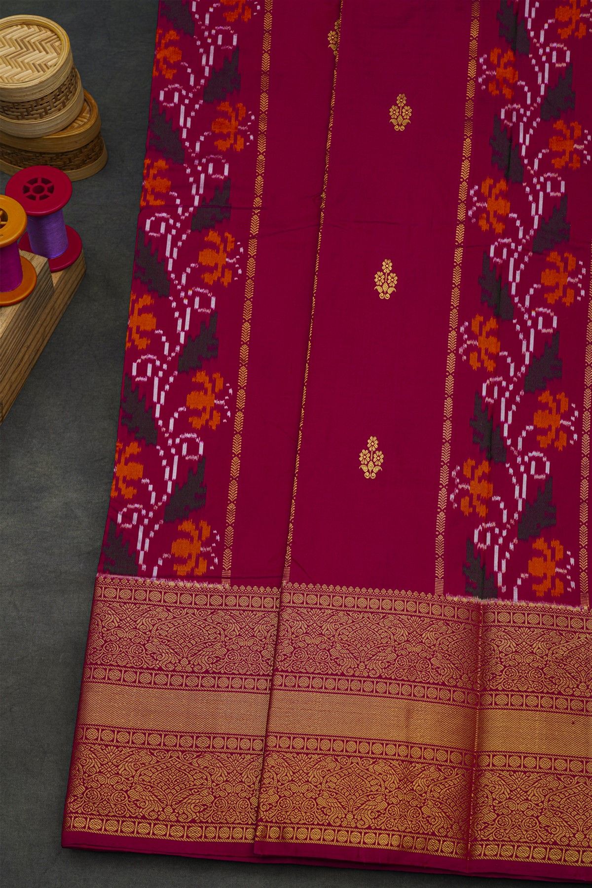Pochampally Ikat Silk Magenta And Red Saree With Floral And Peacock Border