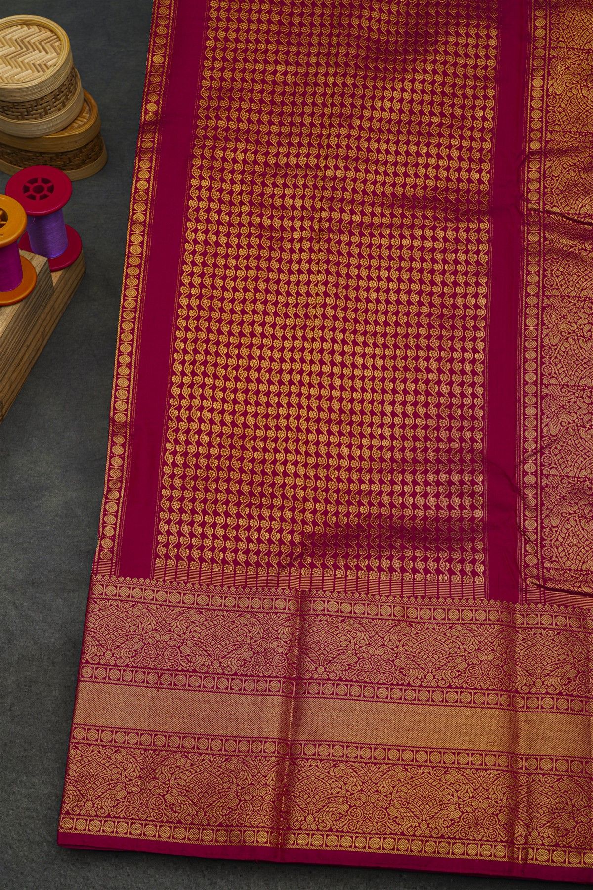 Pochampally Ikat Silk Magenta And Red Saree With Floral And Peacock Border