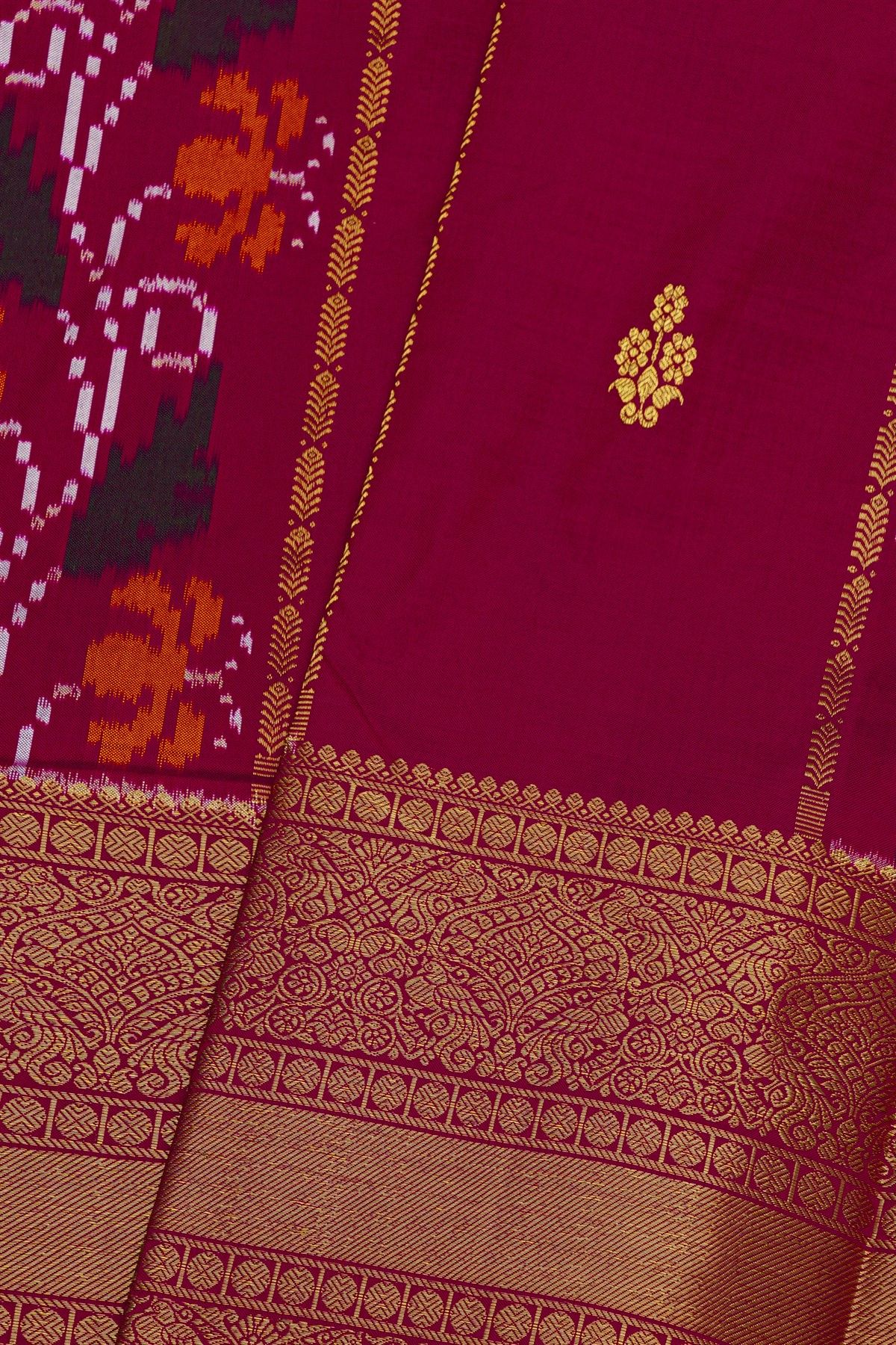Pochampally Ikat Silk Magenta And Red Saree With Floral And Peacock Border