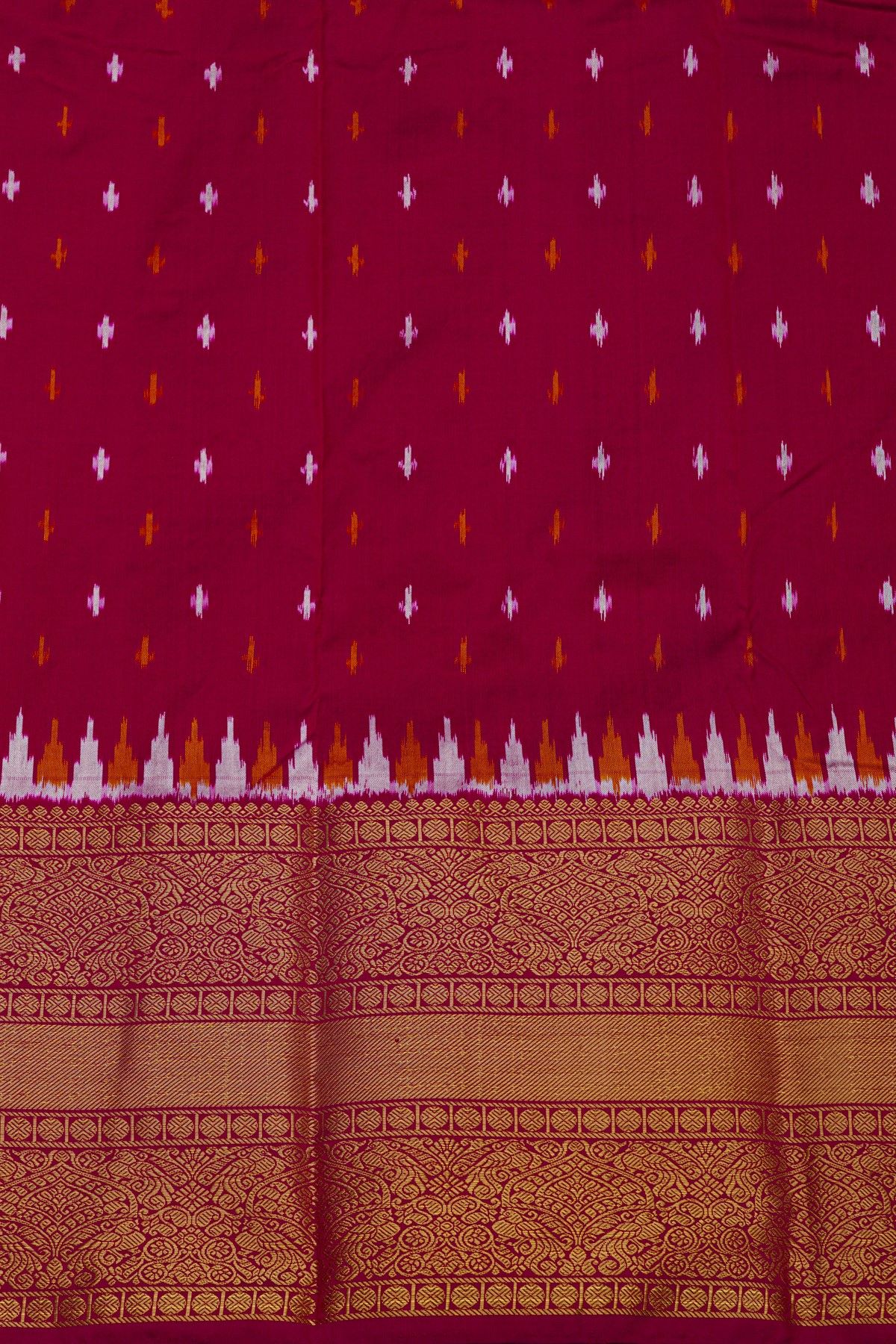 Pochampally Ikat Silk Magenta And Red Saree With Floral And Peacock Border