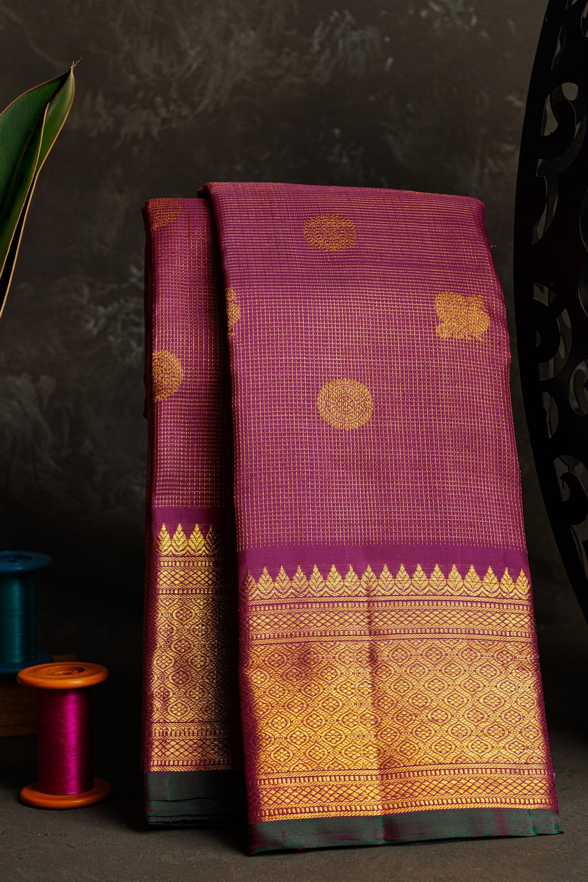 Kancheepuram Silk Rani Pink Saree With Zari Checks Floral And Peacock Buttis Body