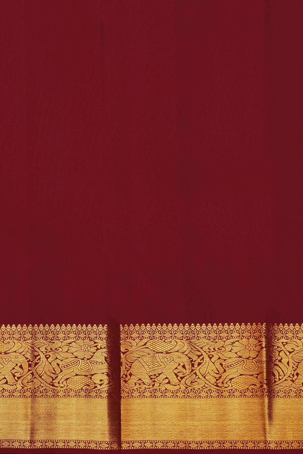 Kancheepuram Silk Dark Maroon Saree With Zari Checks Floral And Peacock Buttis Body