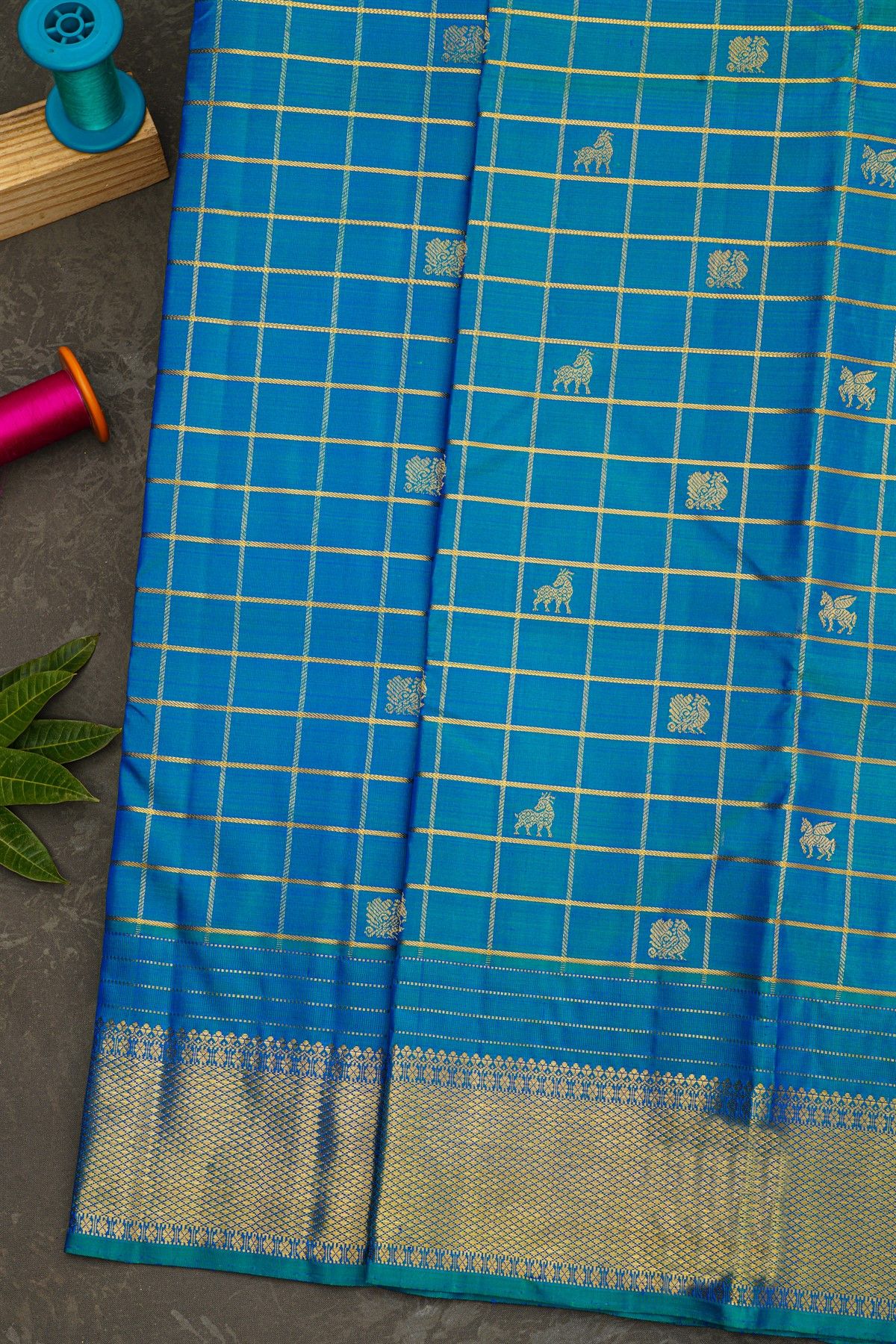 Kancheepuram Silk Royal Blue Saree With Golden Checks And Zari Motifs