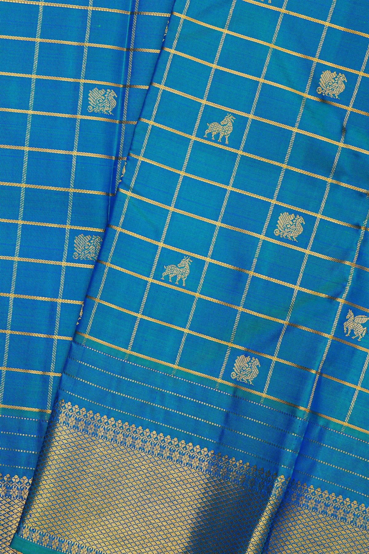 Kancheepuram Silk Royal Blue Saree With Golden Checks And Zari Motifs
