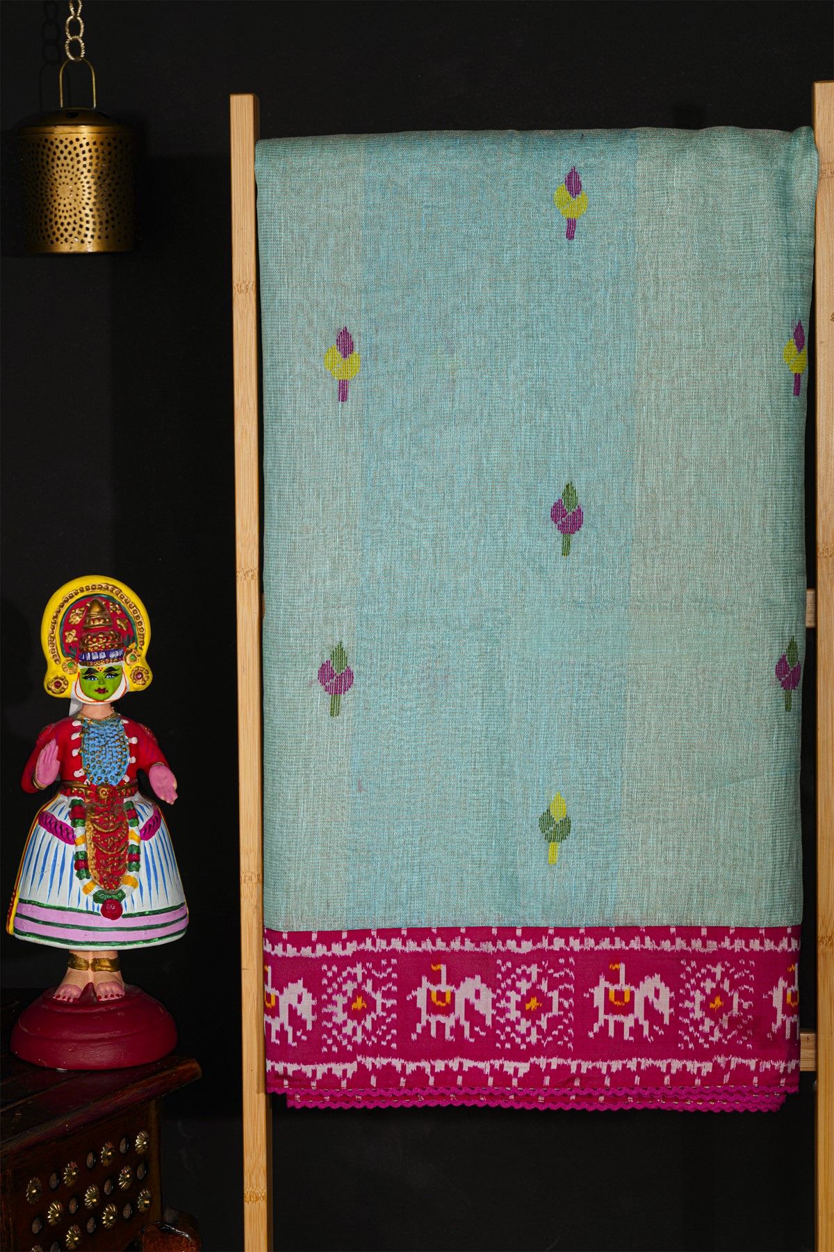 Fusion Silk Sky Blue Saree With Floral And Elephants In Ikkat Border