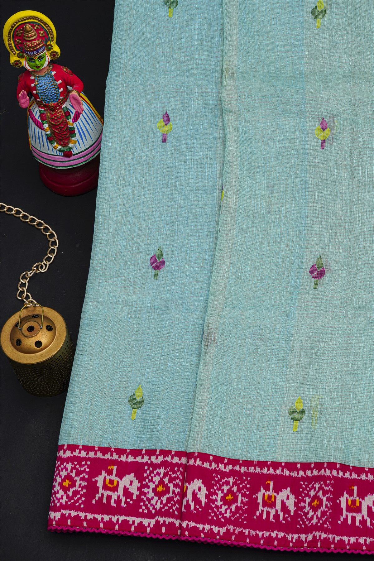 Fusion Silk Sky Blue Saree With Floral And Elephants In Ikkat Border