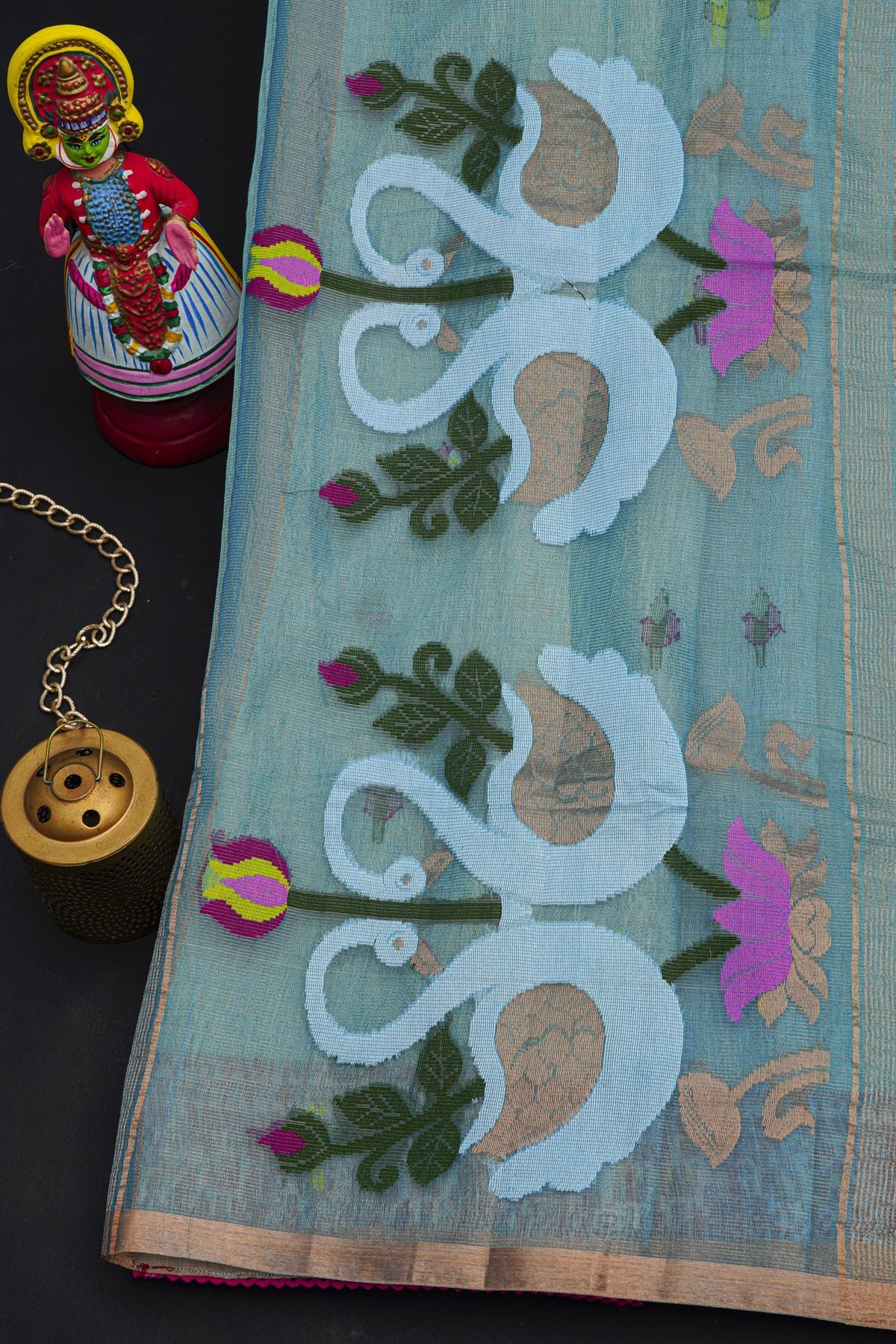 Fusion Silk Sky Blue Saree With Floral And Elephants In Ikkat Border