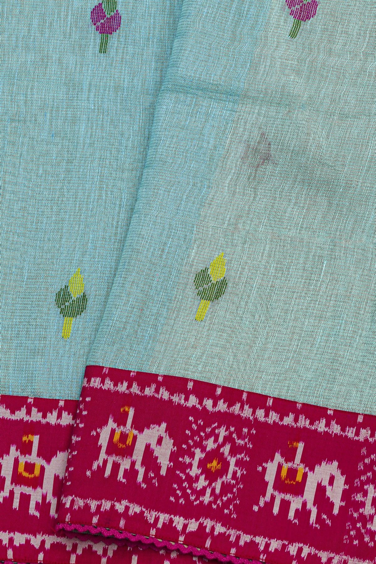 Fusion Silk Sky Blue Saree With Floral And Elephants In Ikkat Border