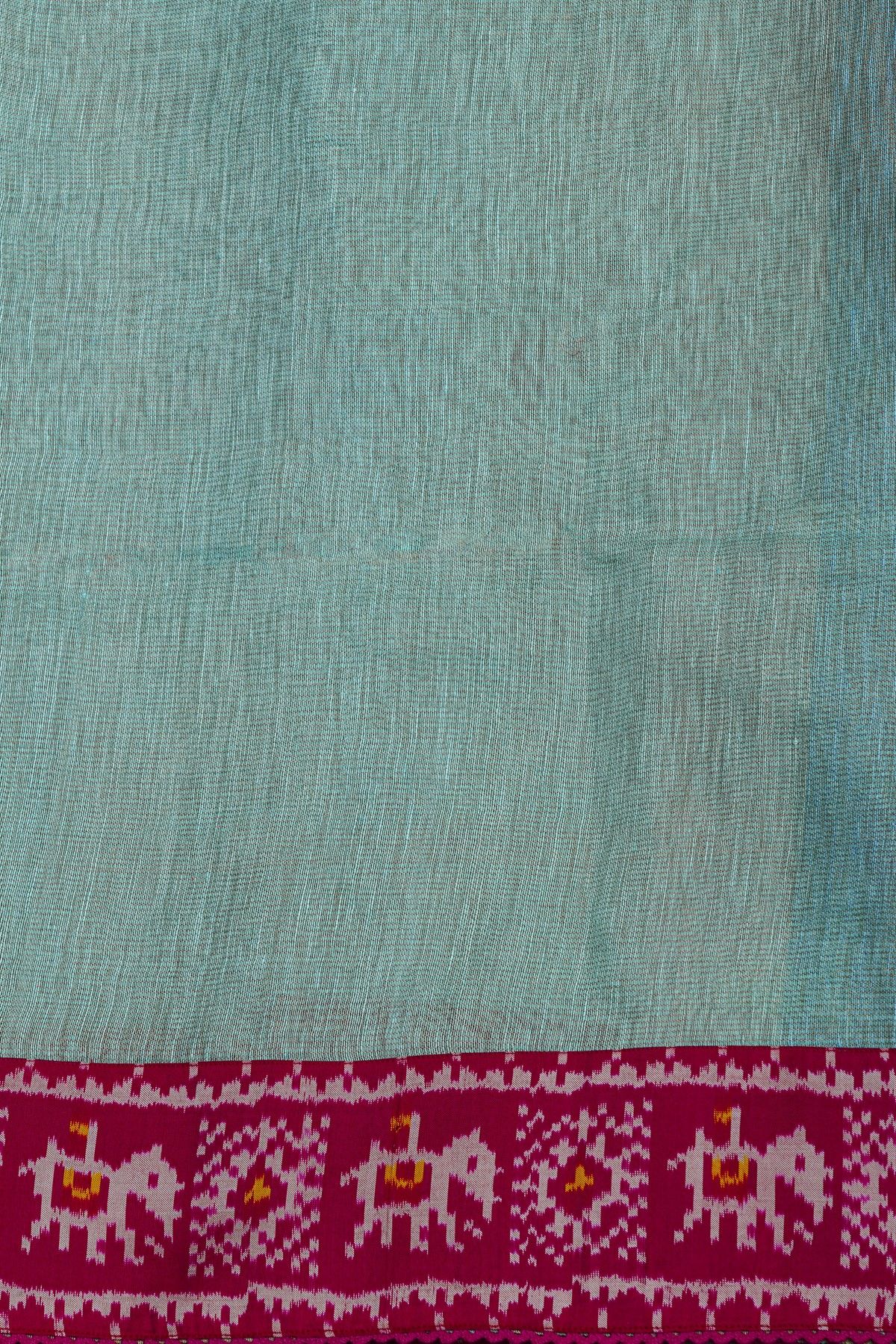 Fusion Silk Sky Blue Saree With Floral And Elephants In Ikkat Border