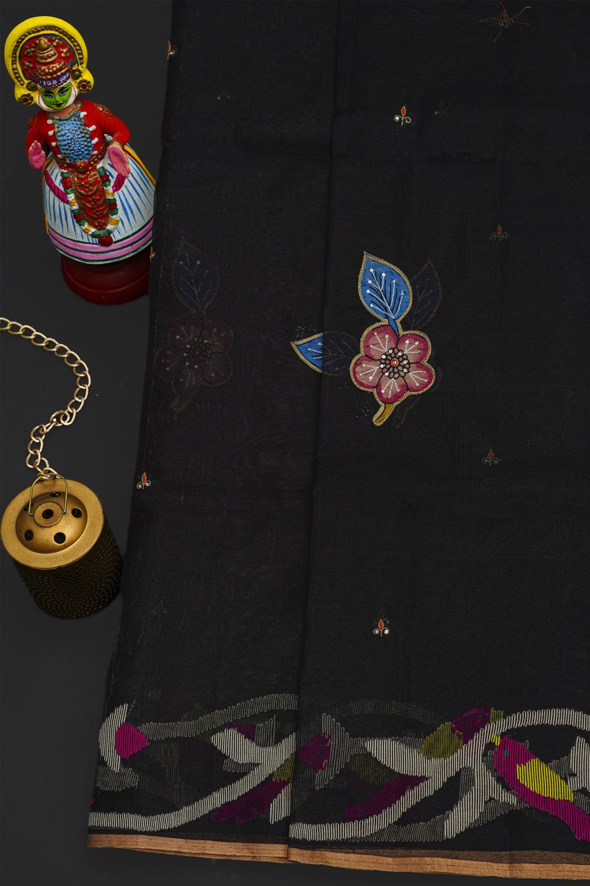 Fusion Silk Black Saree With Florals And Birds Border