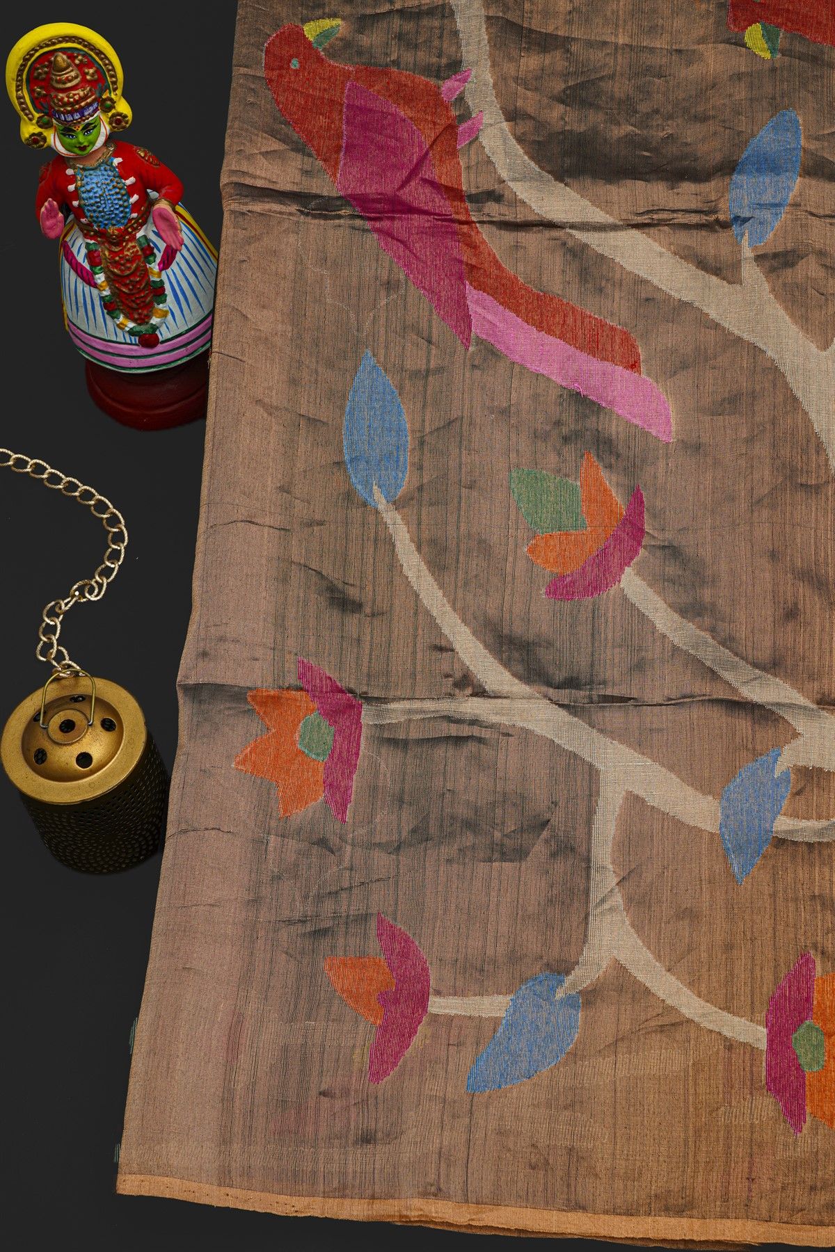 Fusion Silk Black Saree With Florals And Birds Border