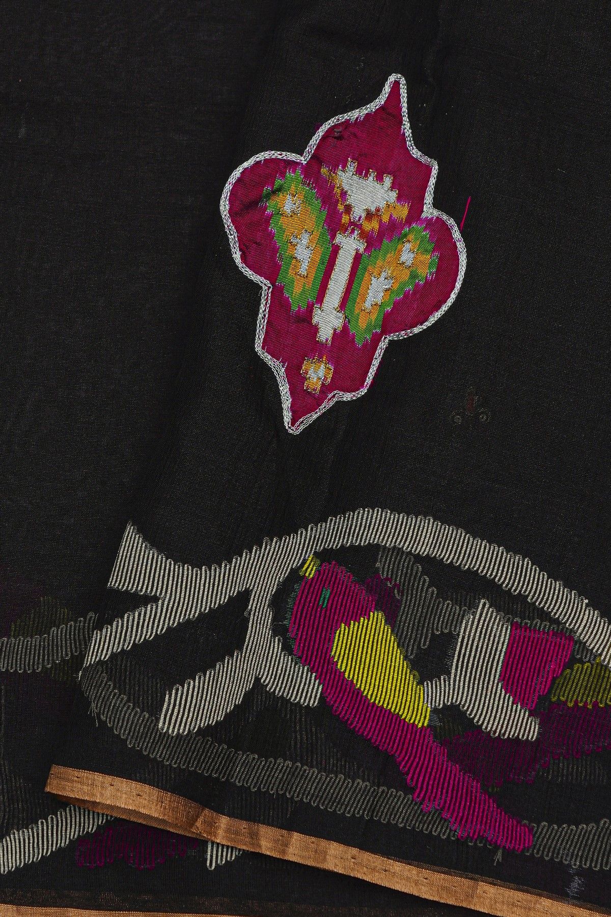 Fusion Silk Black Saree With Florals And Birds Border