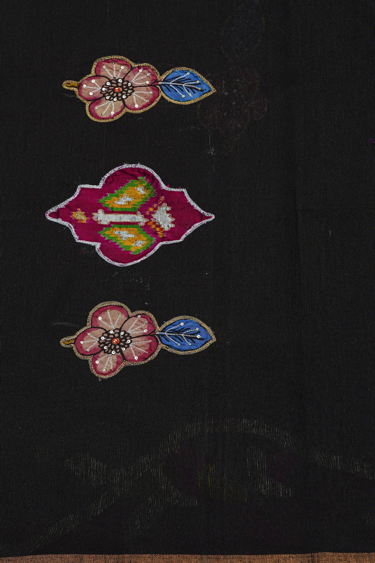 Fusion Silk Black Saree With Florals And Birds Border