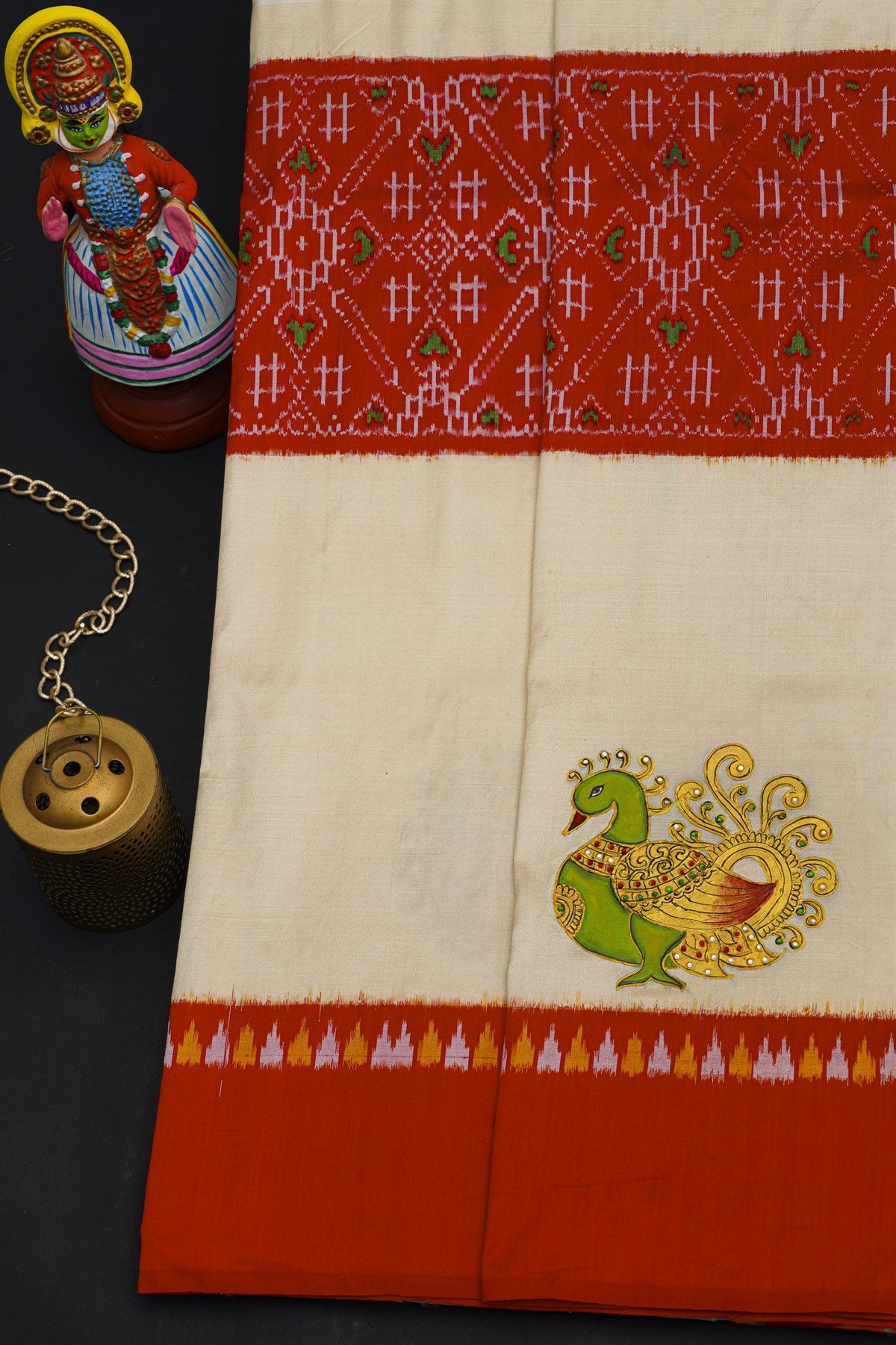 Fusion Ikat Silk Off White Saree With Florals And Peacocks In Thread Work Body