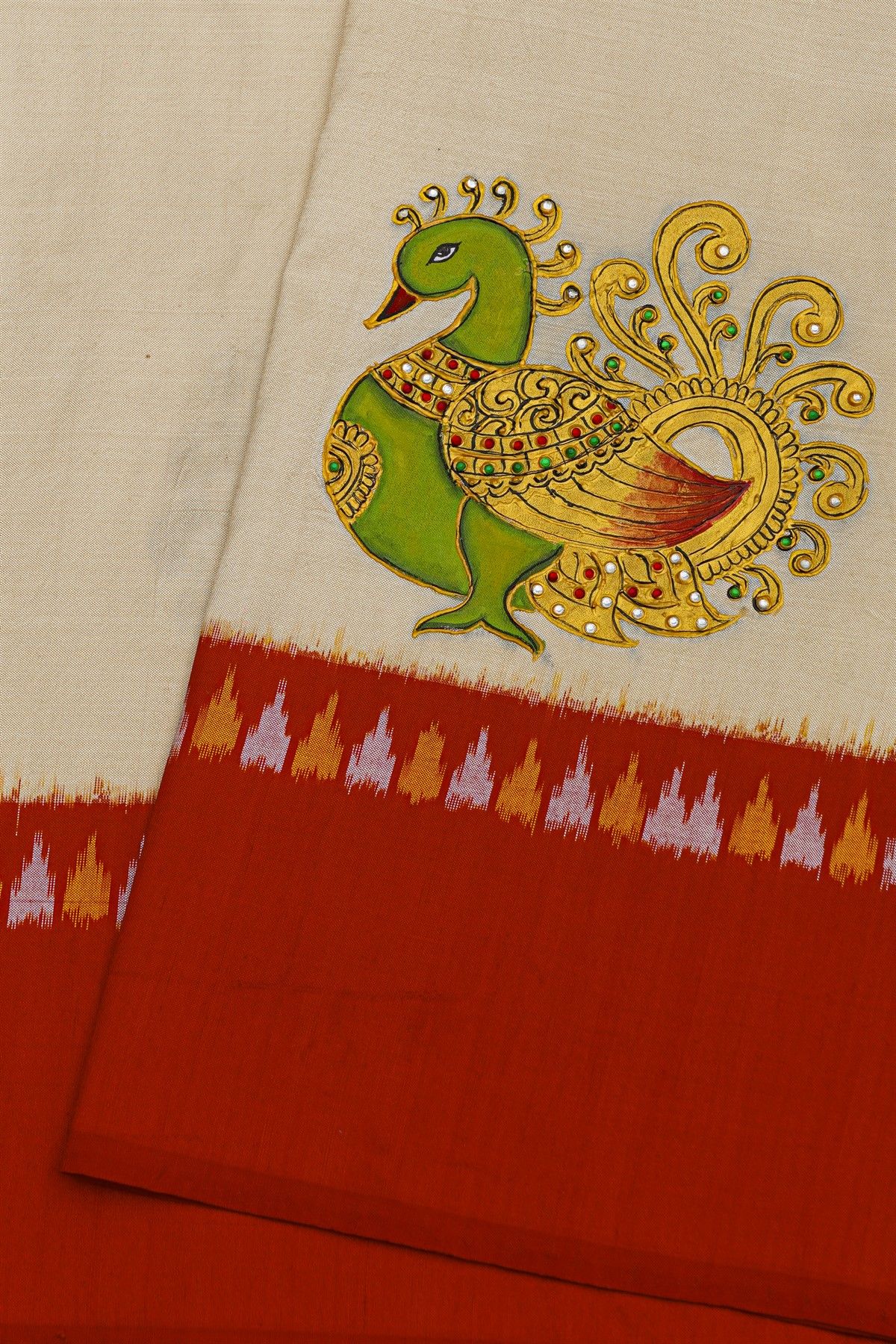 Fusion Ikat Silk Off White Saree With Florals And Peacocks In Thread Work Body